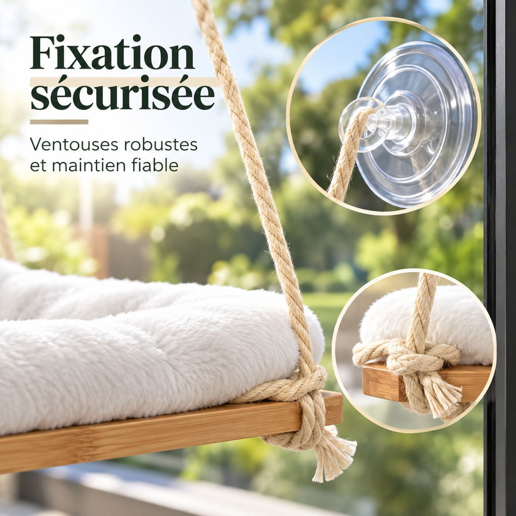 Perchoir de fenêtre en bambou pour chat avec coussin