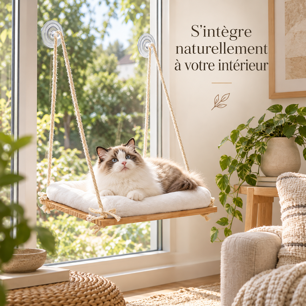 Perchoir de fenêtre en bambou pour chat avec coussin