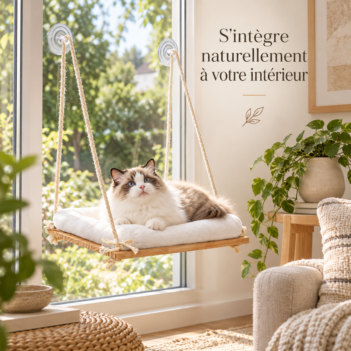 Perchoir de fenêtre en bambou pour chat avec coussin