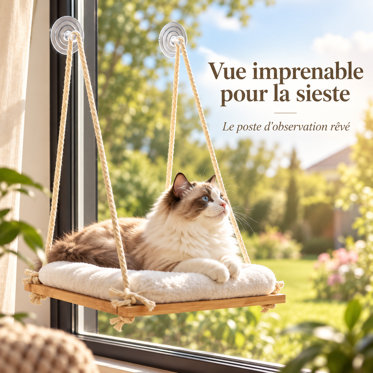 Perchoir de fenêtre en bambou pour chat avec coussin