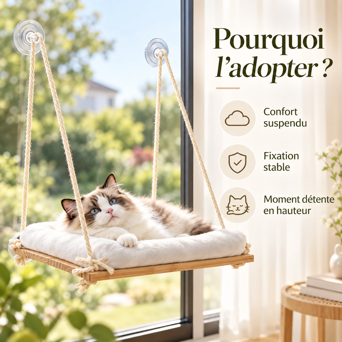 Perchoir de fenêtre en bambou pour chat avec coussin
