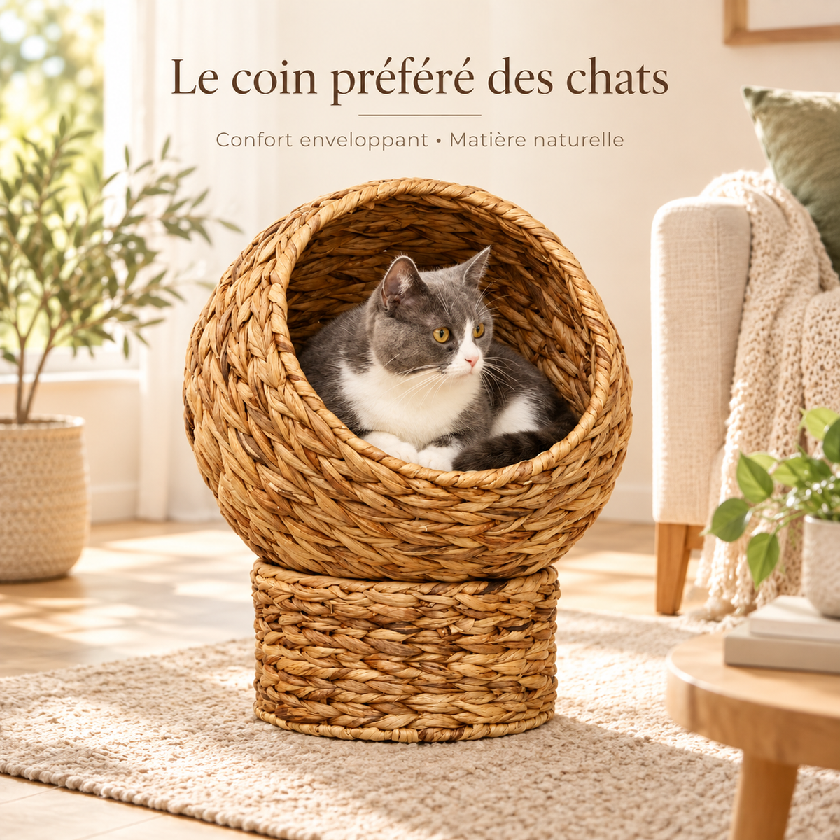 Lit grotte rond en fibre végétale tressée pour chat