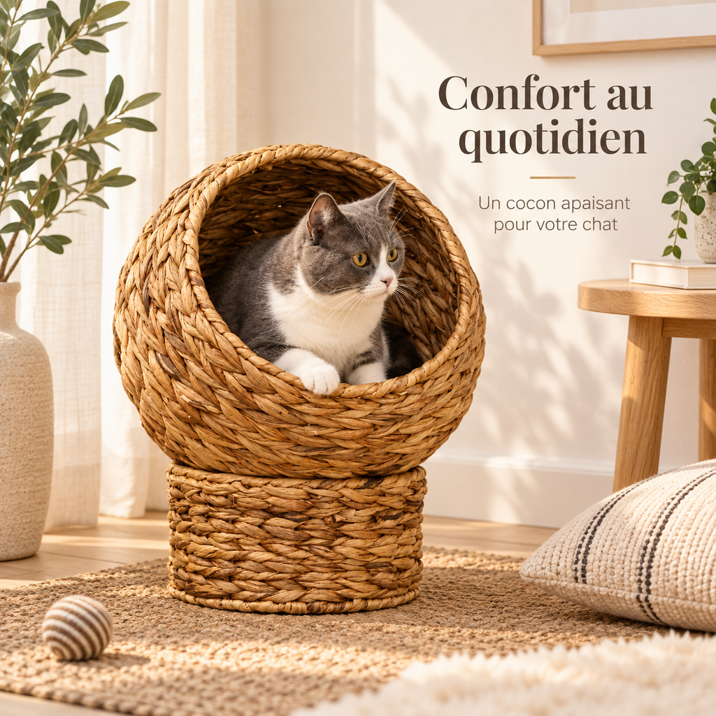 Lit grotte rond en fibre végétale tressée pour chat
