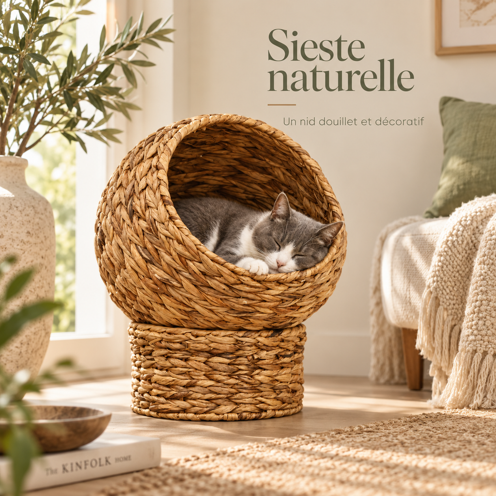 Lit grotte rond en fibre végétale tressée pour chat