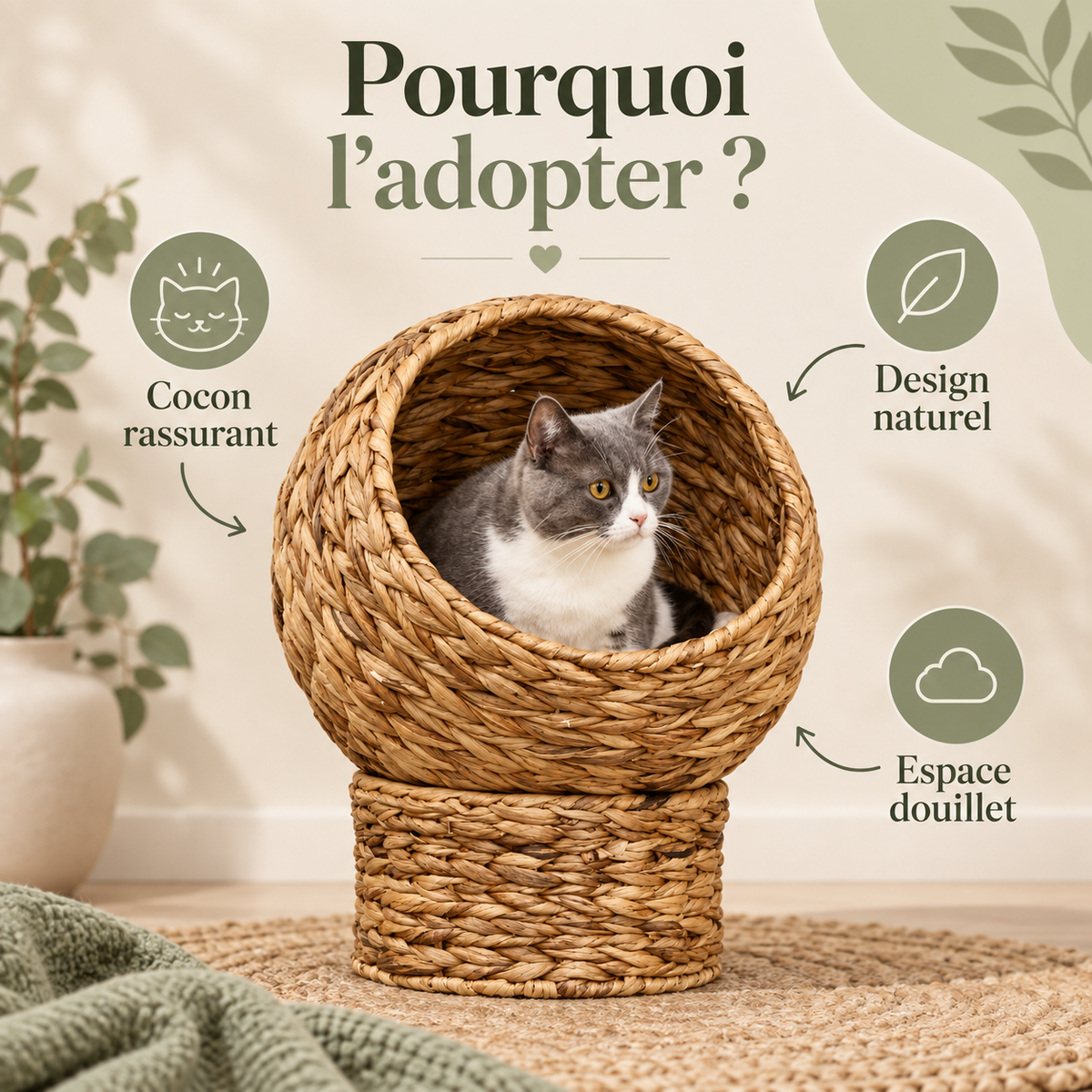 Lit grotte rond en fibre végétale tressée pour chat