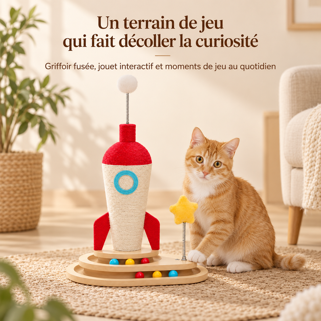 Griffoir pour chat en forme de fusée avec circuit de balles