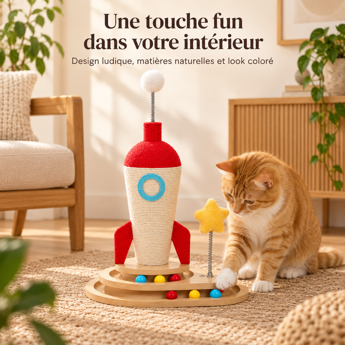 Griffoir pour chat en forme de fusée avec circuit de balles