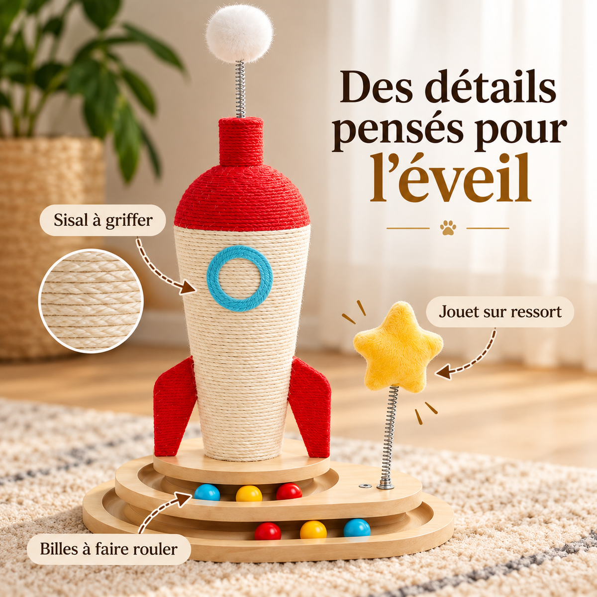 Griffoir pour chat en forme de fusée avec circuit de balles