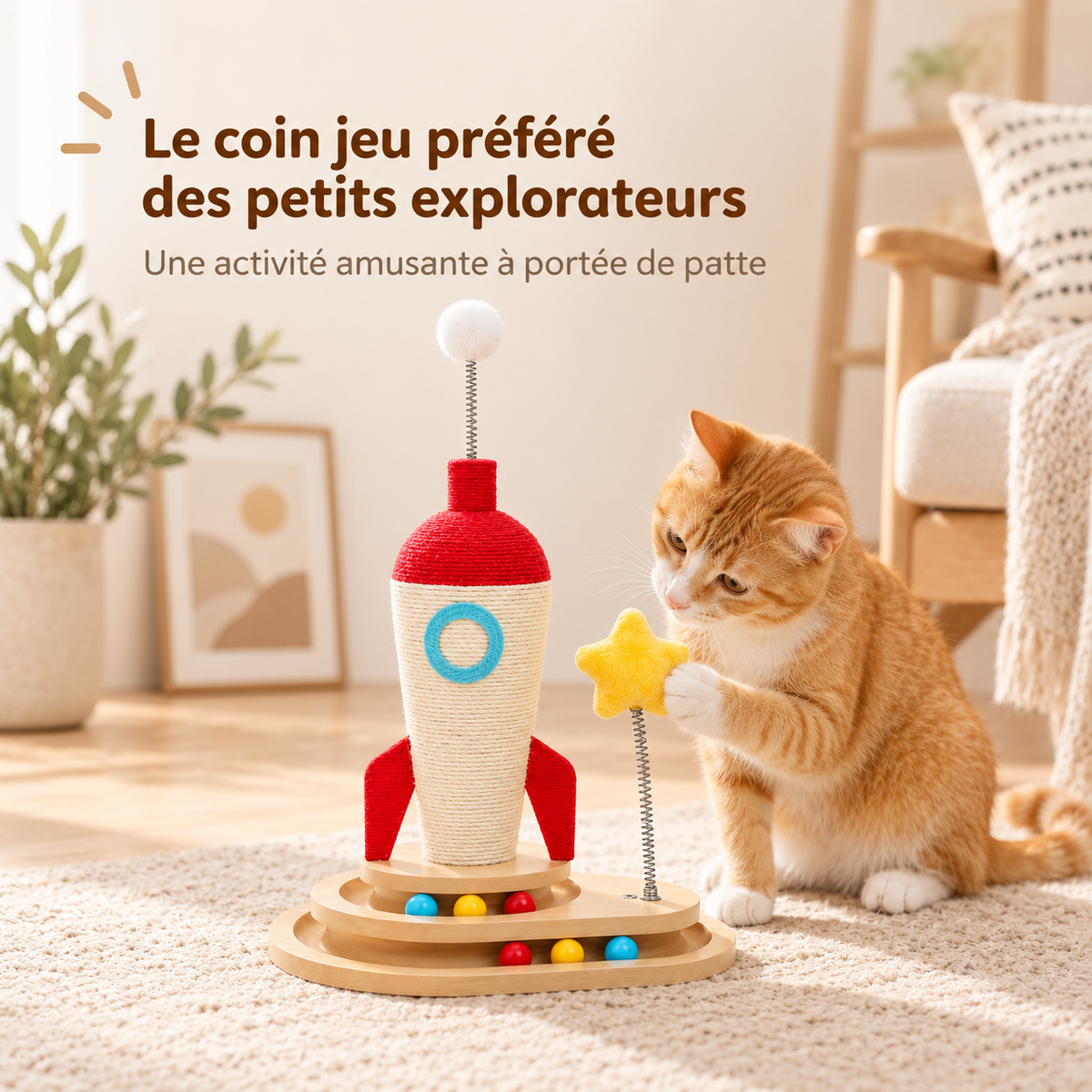 Griffoir pour chat en forme de fusée avec circuit de balles