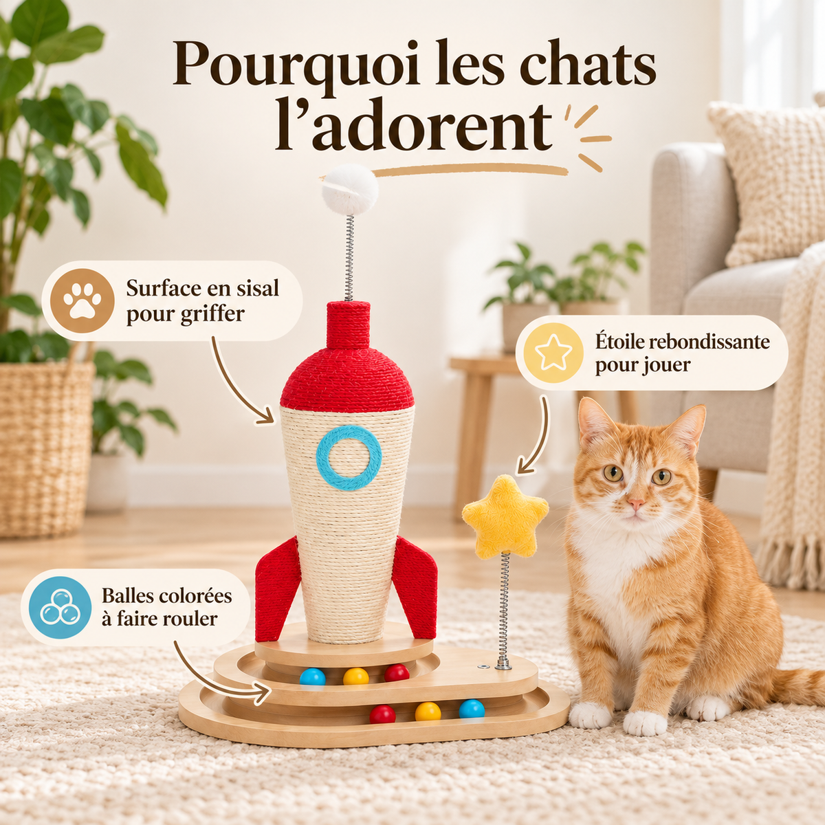 Griffoir pour chat en forme de fusée avec circuit de balles