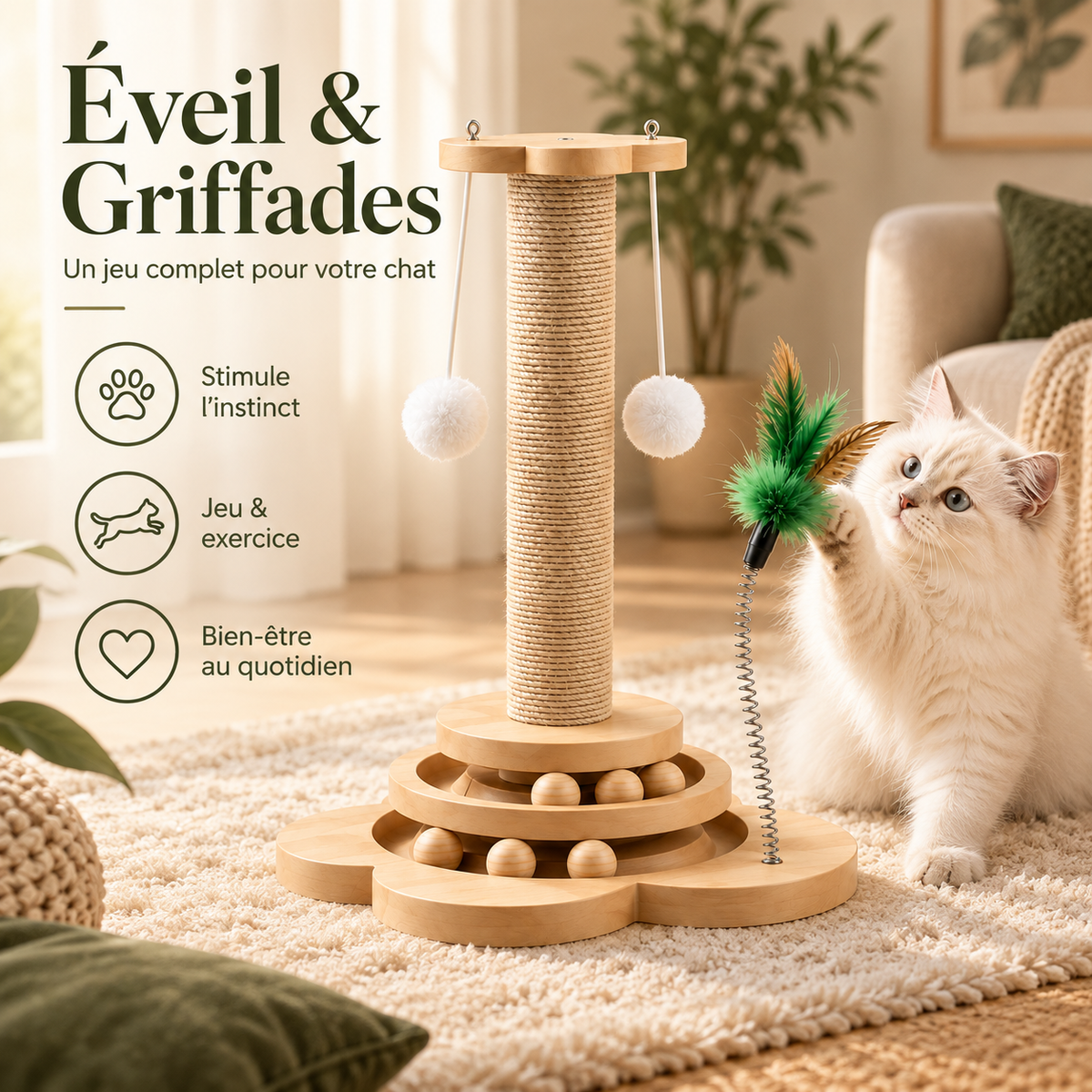 Griffoir en sisal pour chat avec jouet interactif
