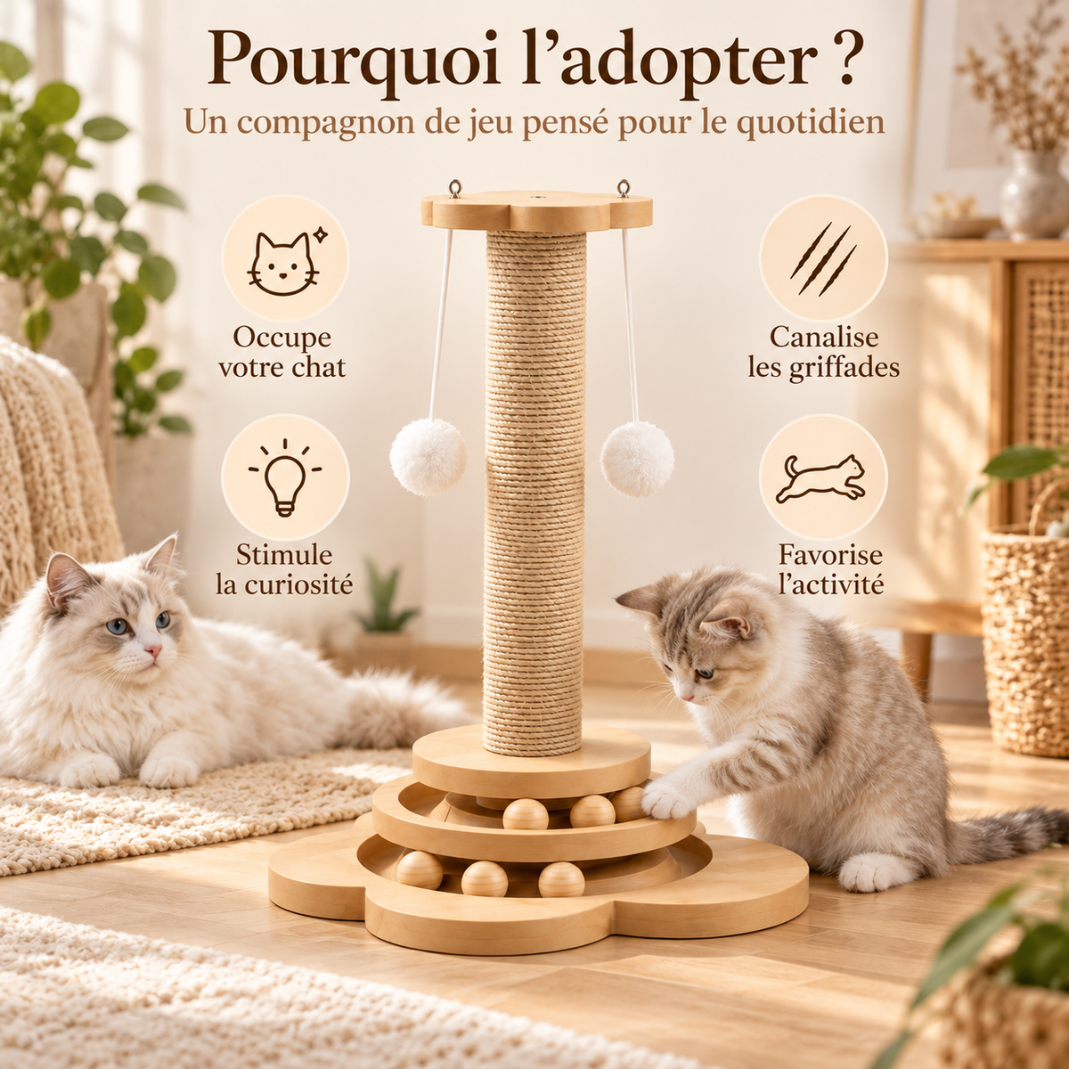 Griffoir en sisal pour chat avec jouet interactif