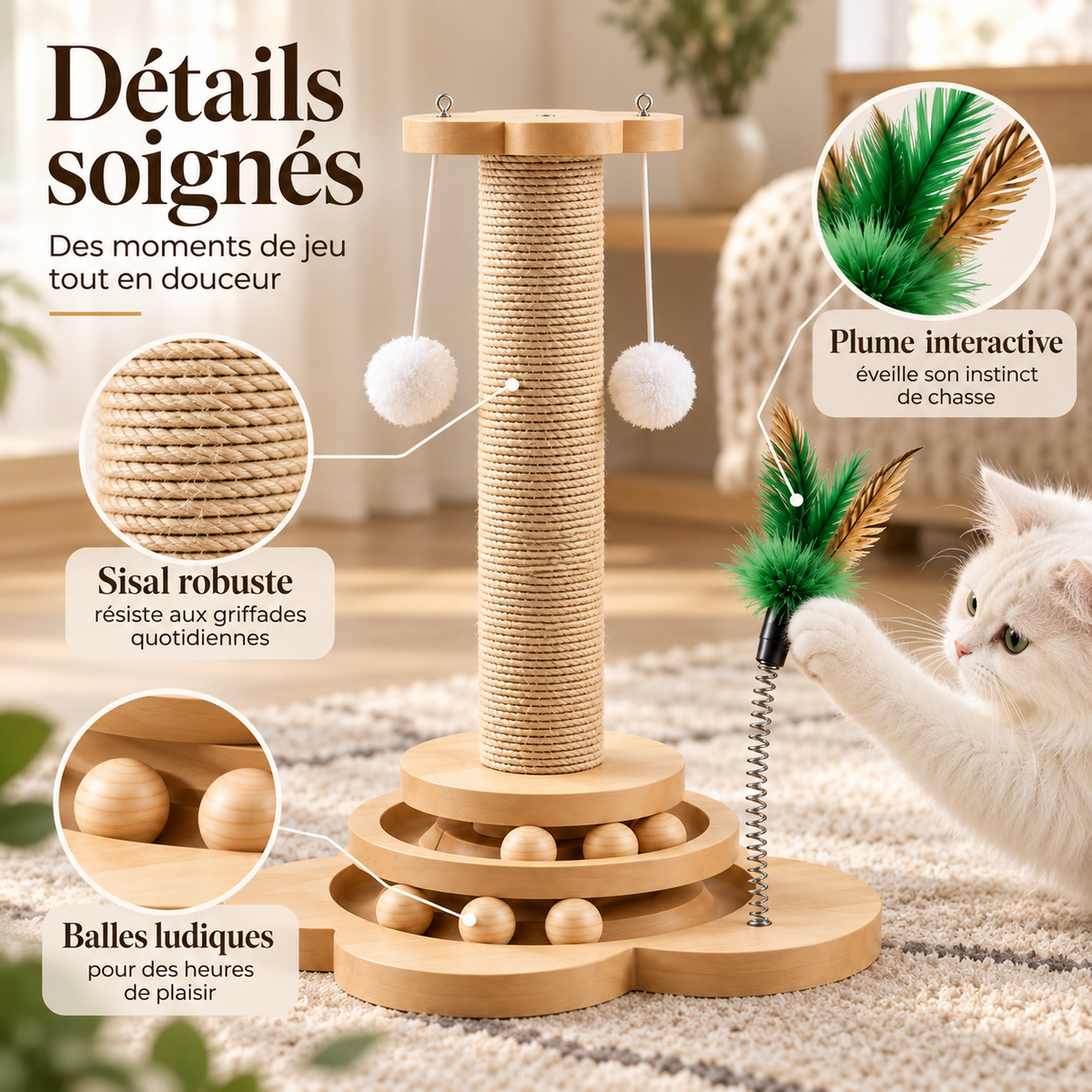 Griffoir en sisal pour chat avec jouet interactif