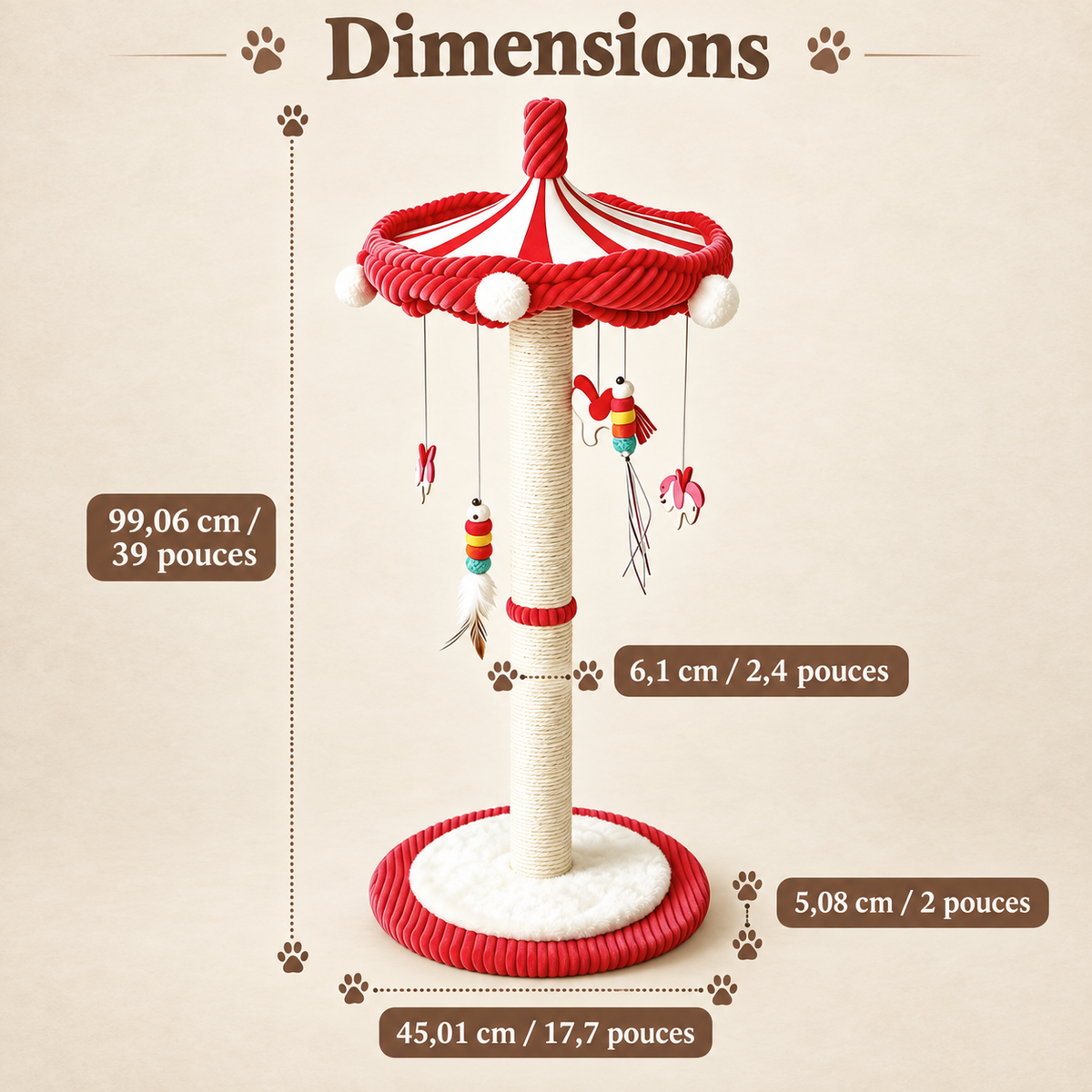 Grand griffoir pour chat de 99 cm avec carrousel de jouets à 360°
