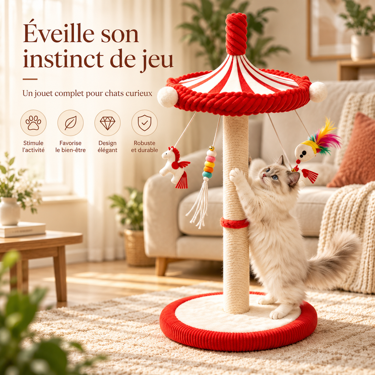 Grand griffoir pour chat de 99 cm avec carrousel de jouets à 360°
