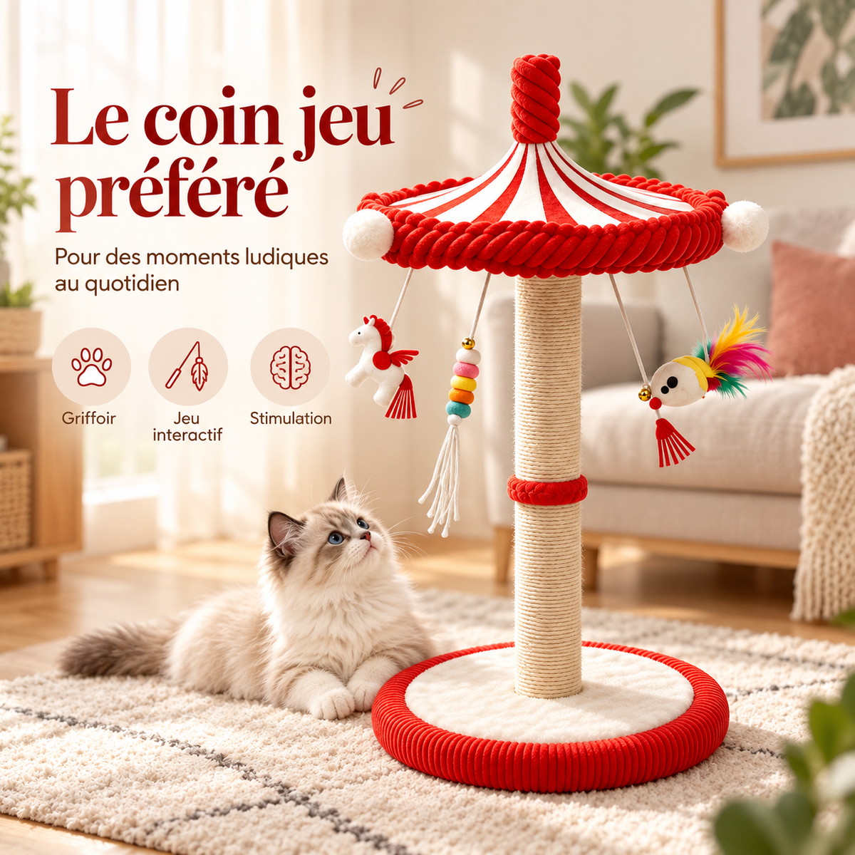 Grand griffoir pour chat de 99 cm avec carrousel de jouets à 360°