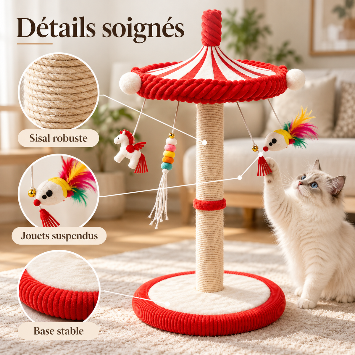 Grand griffoir pour chat de 99 cm avec carrousel de jouets à 360°