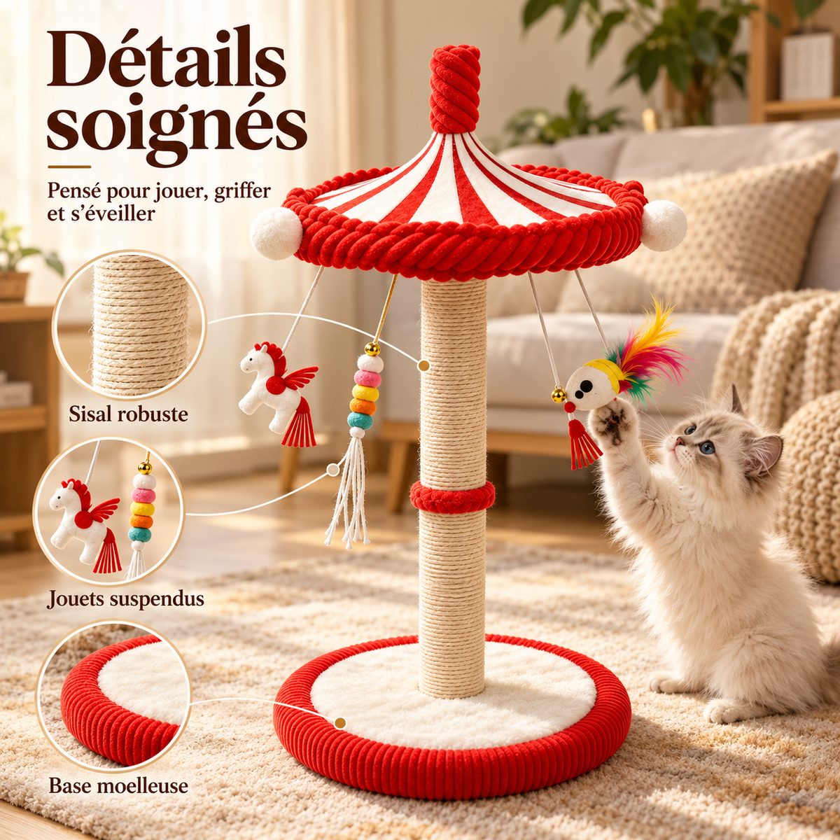 Grand griffoir pour chat de 99 cm avec carrousel de jouets à 360°