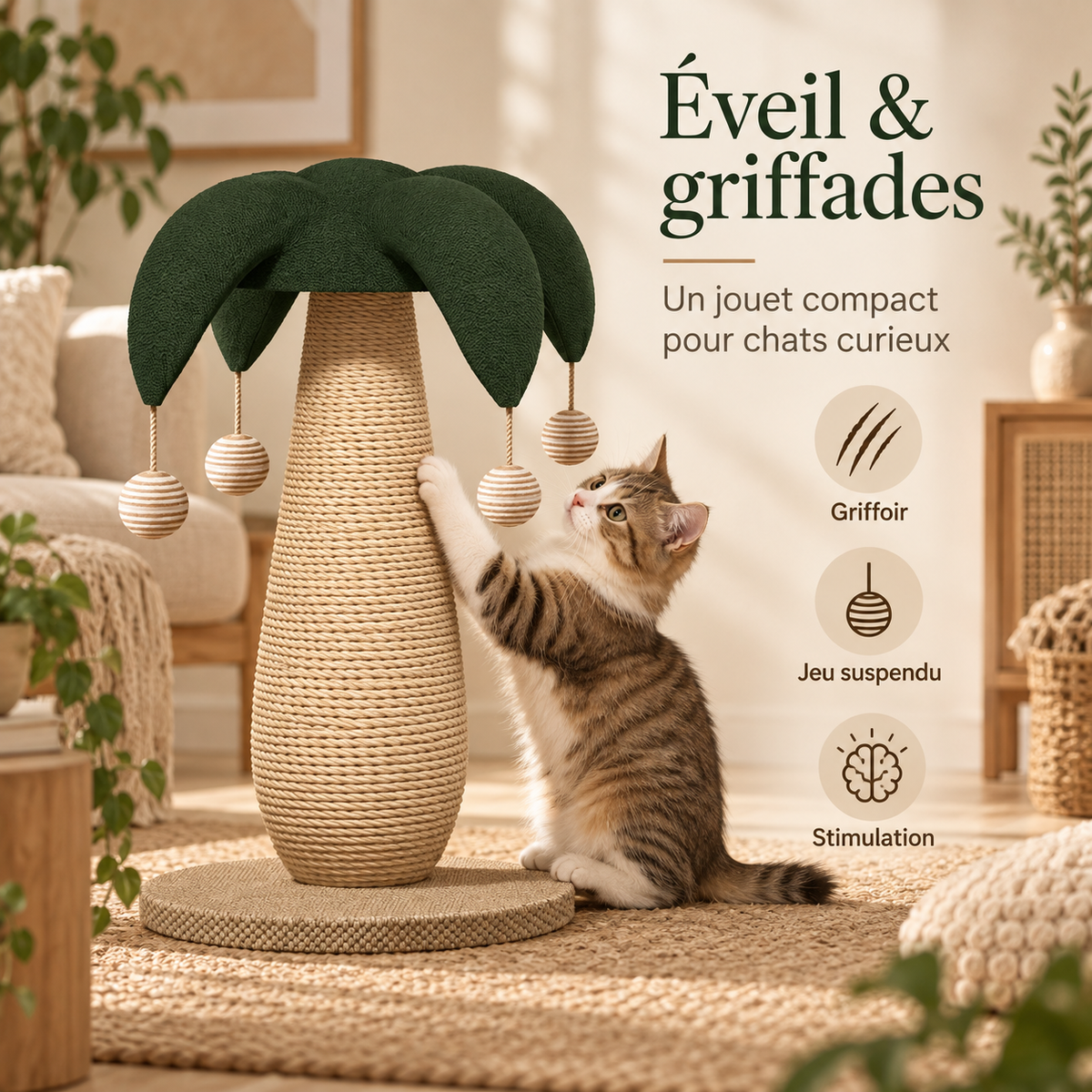Griffoir pour chat en forme de palmier avec balles suspendues