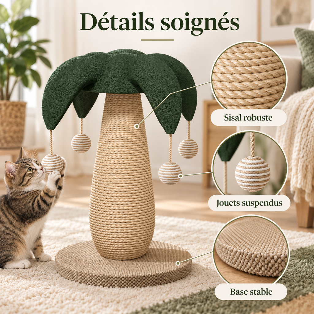 Griffoir pour chat en forme de palmier avec balles suspendues