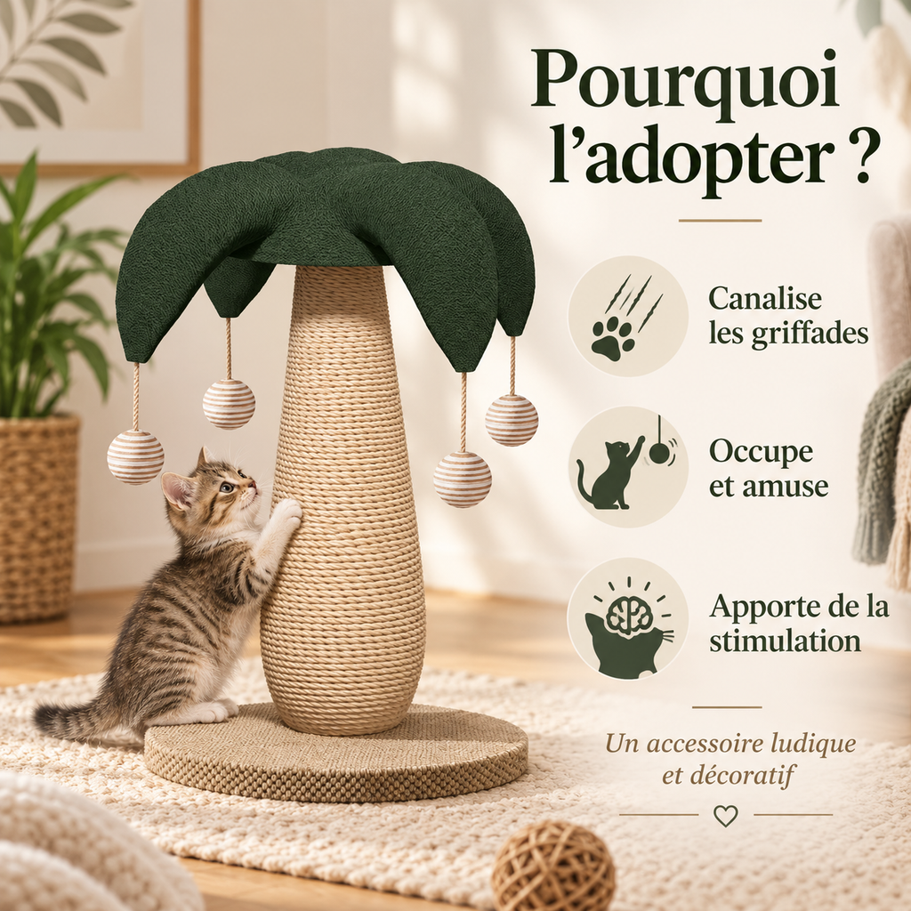 Griffoir pour chat en forme de palmier avec balles suspendues