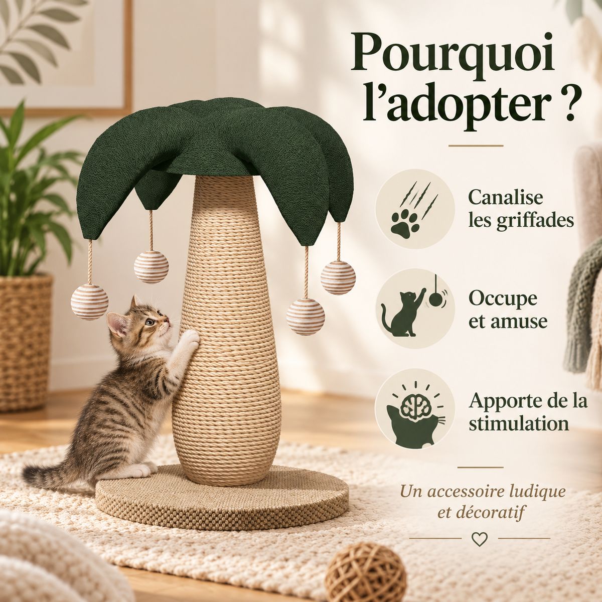 Griffoir pour chat en forme de palmier avec balles suspendues