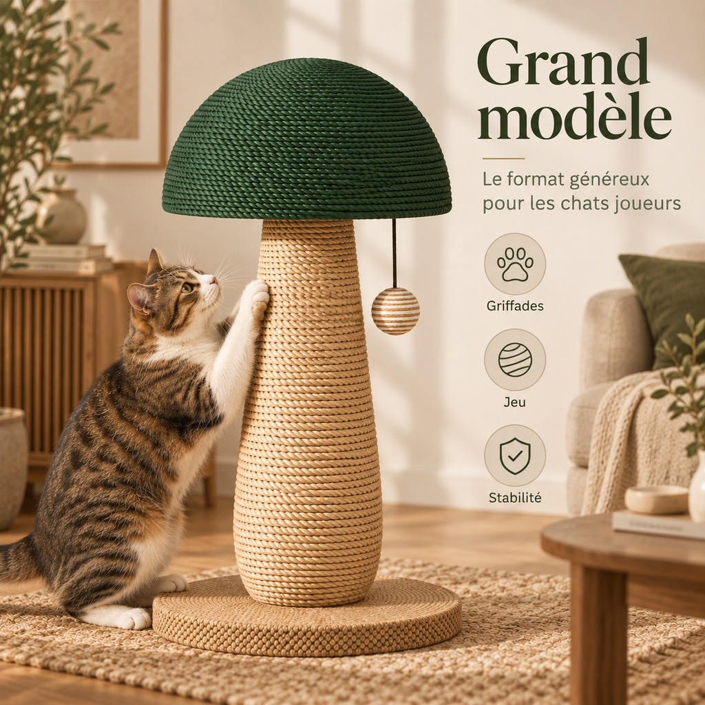Griffoir pour chat en forme de champignon avec boule suspendue