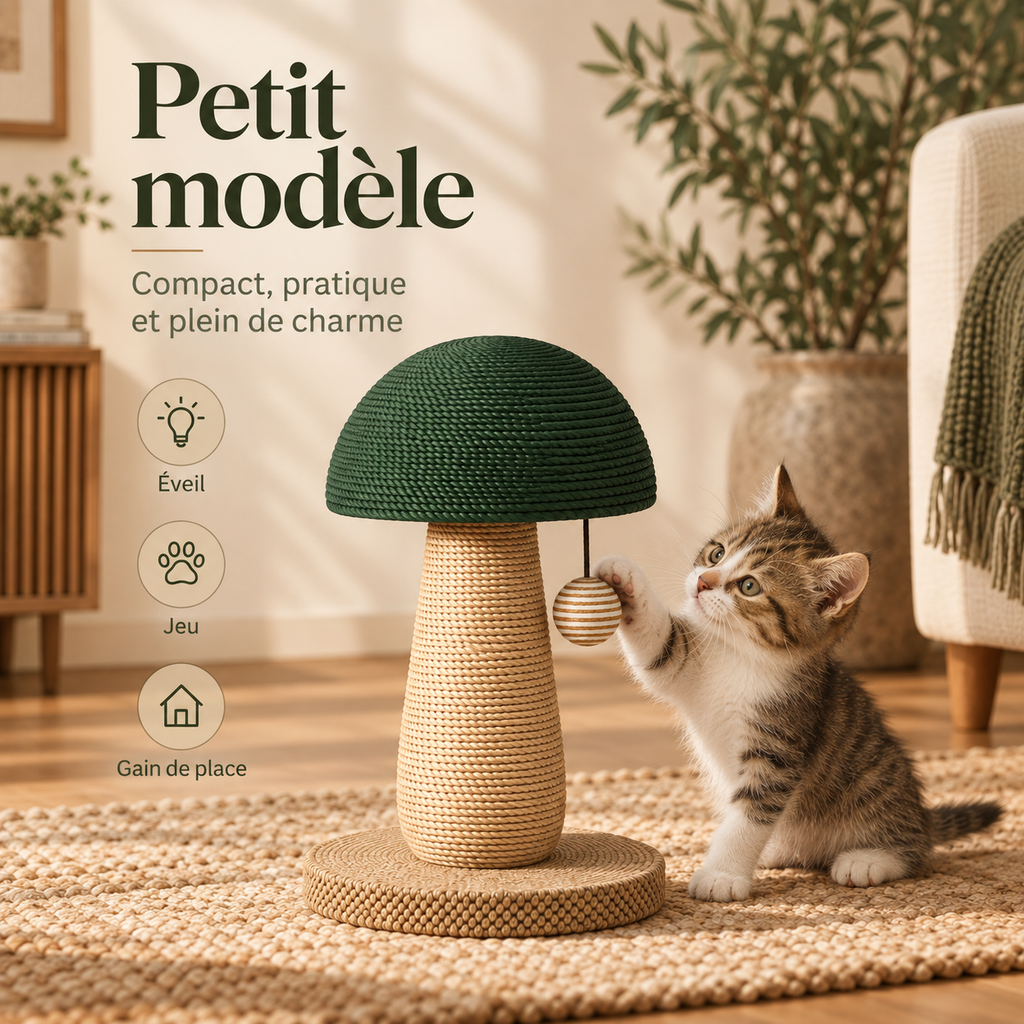 Griffoir pour chat en forme de champignon avec boule suspendue