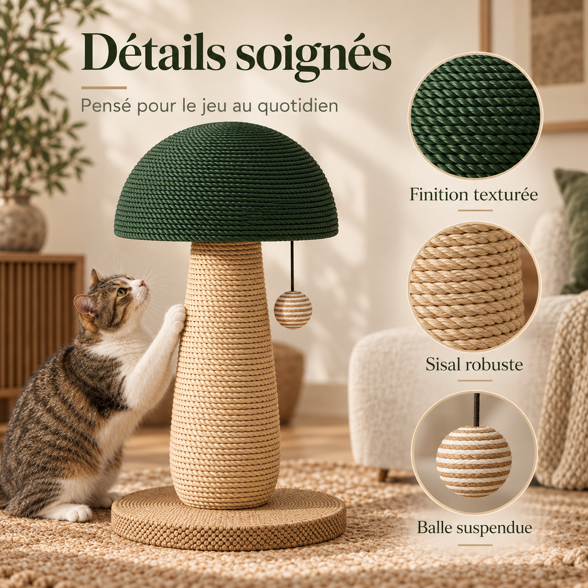 Griffoir pour chat en forme de champignon avec boule suspendue
