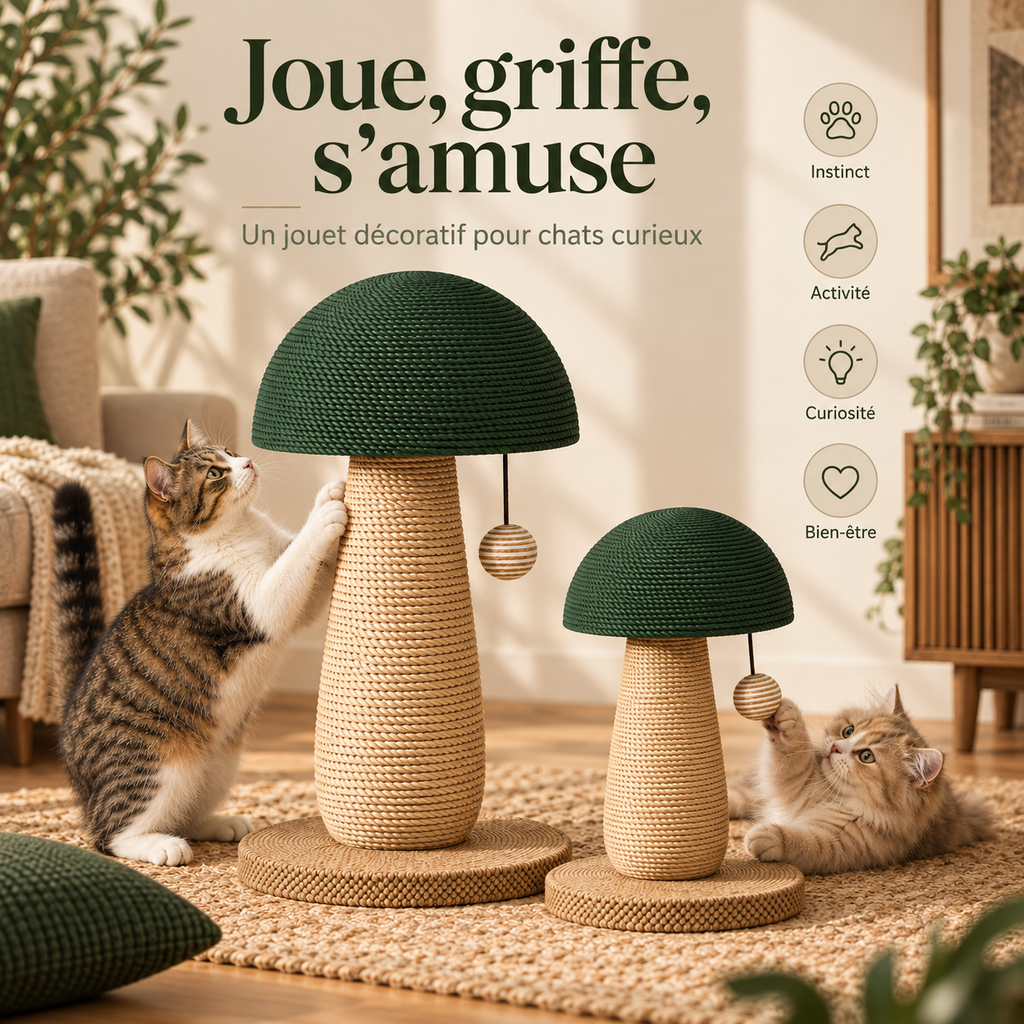 Griffoir pour chat en forme de champignon avec boule suspendue