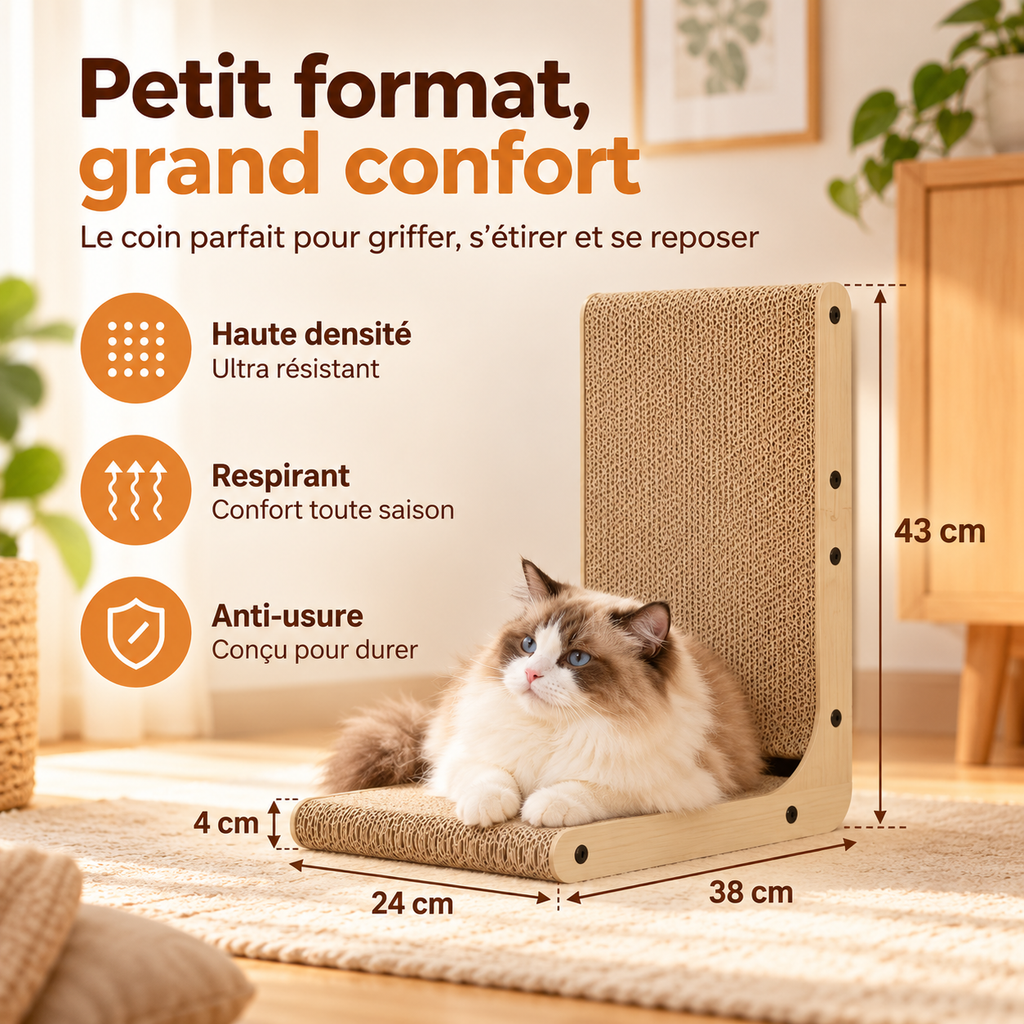 Griffoir en L pour chat en bois et carton