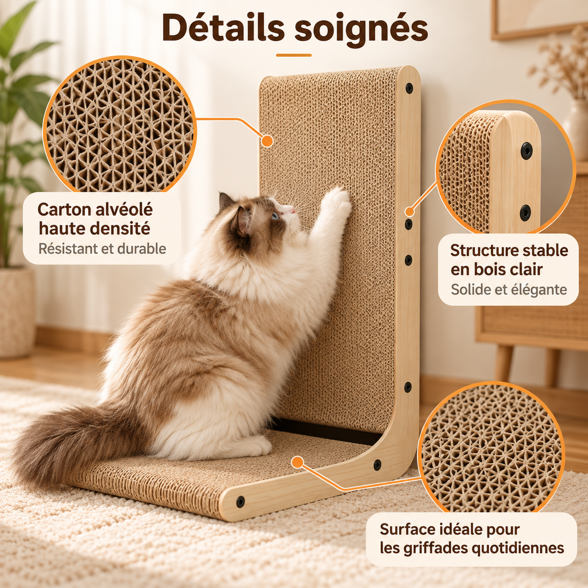 Griffoir en L pour chat en bois et carton