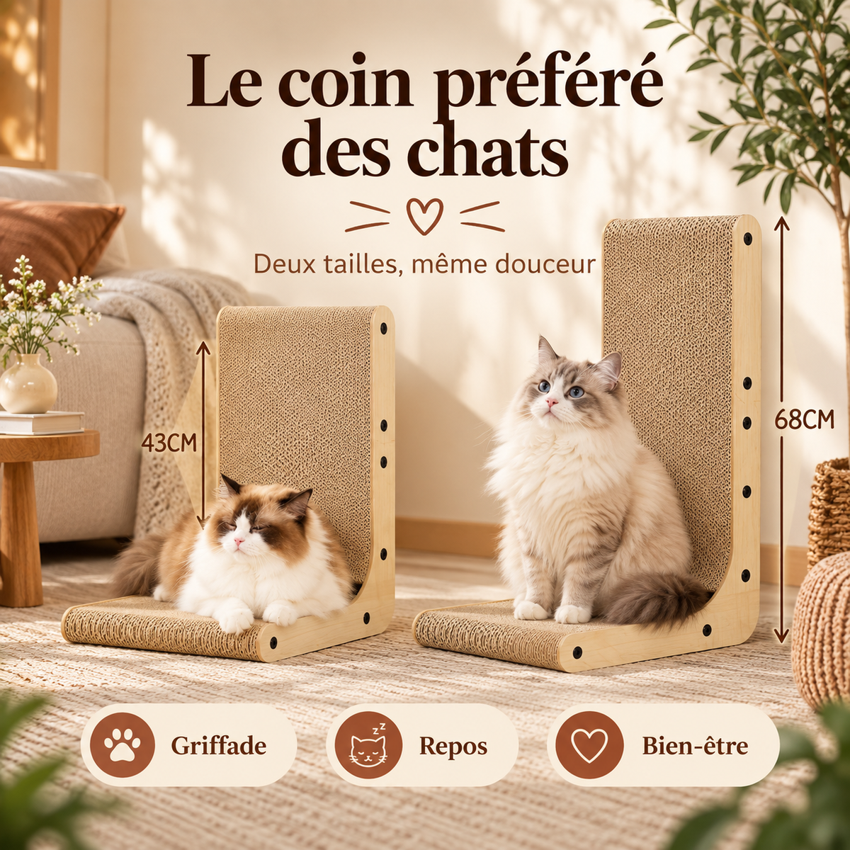 Griffoir en L pour chat en bois et carton