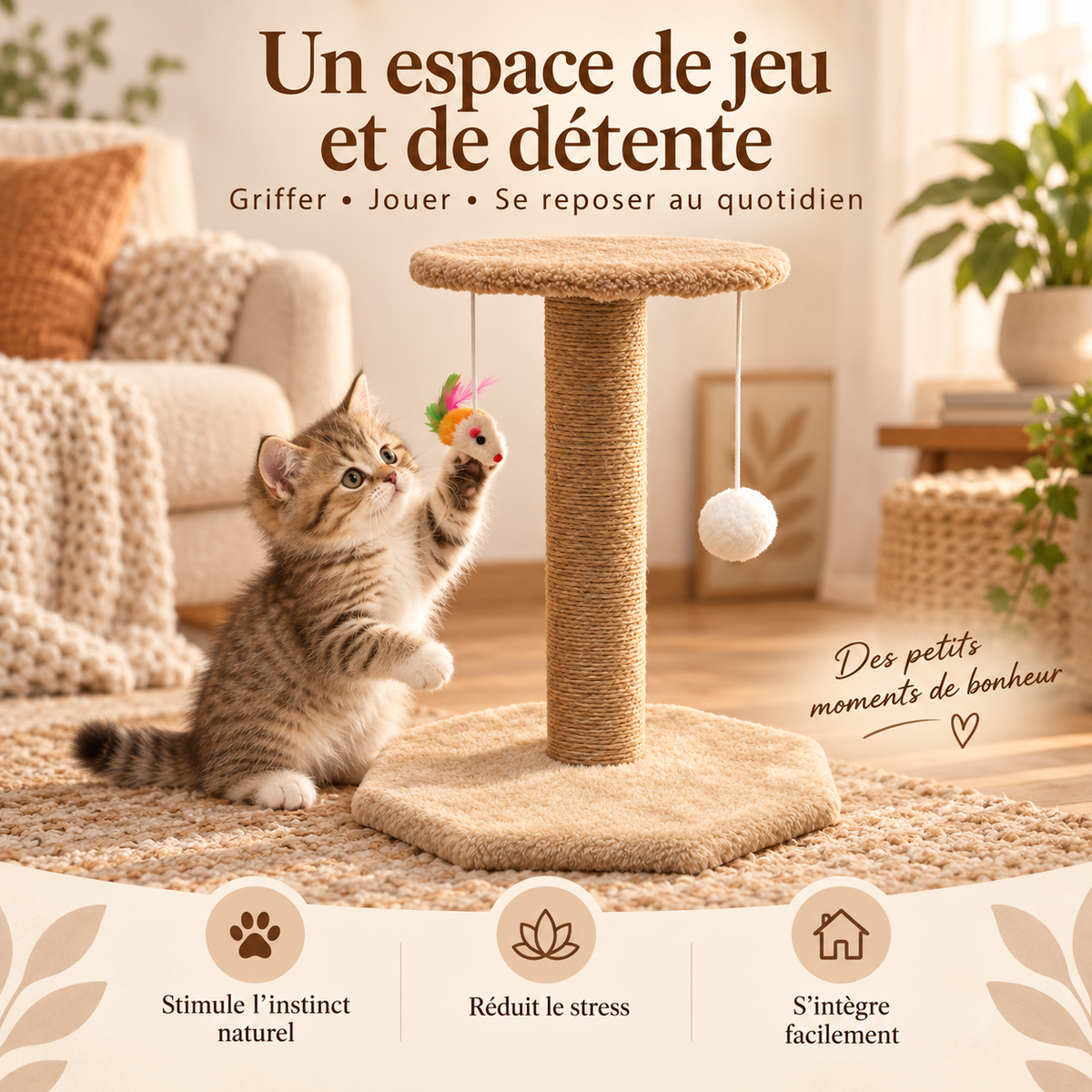 Arbre à chat compact à deux niveaux avec griffoir en chanvre