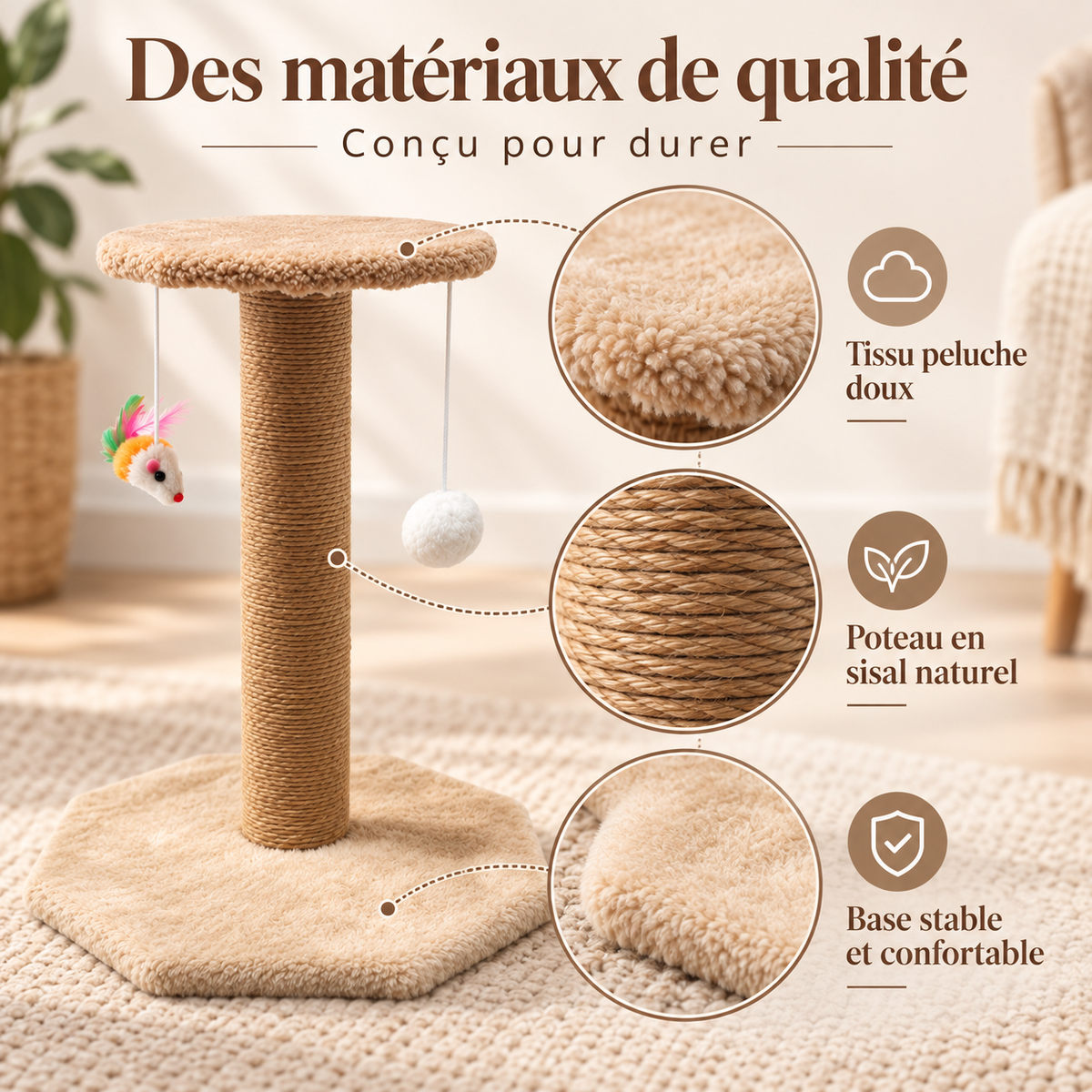 Arbre à chat compact à deux niveaux avec griffoir en chanvre