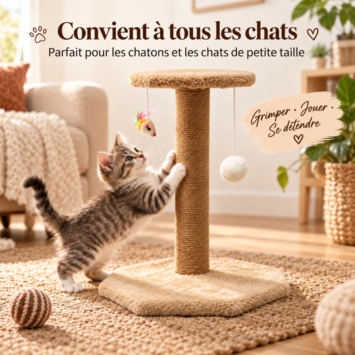 Arbre à chat compact à deux niveaux avec griffoir en chanvre