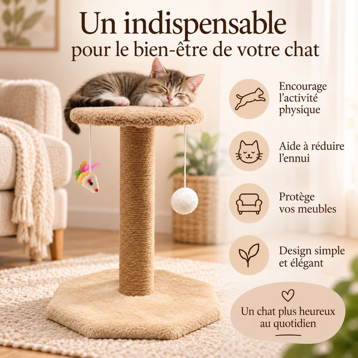 Arbre à chat compact à deux niveaux avec griffoir en chanvre