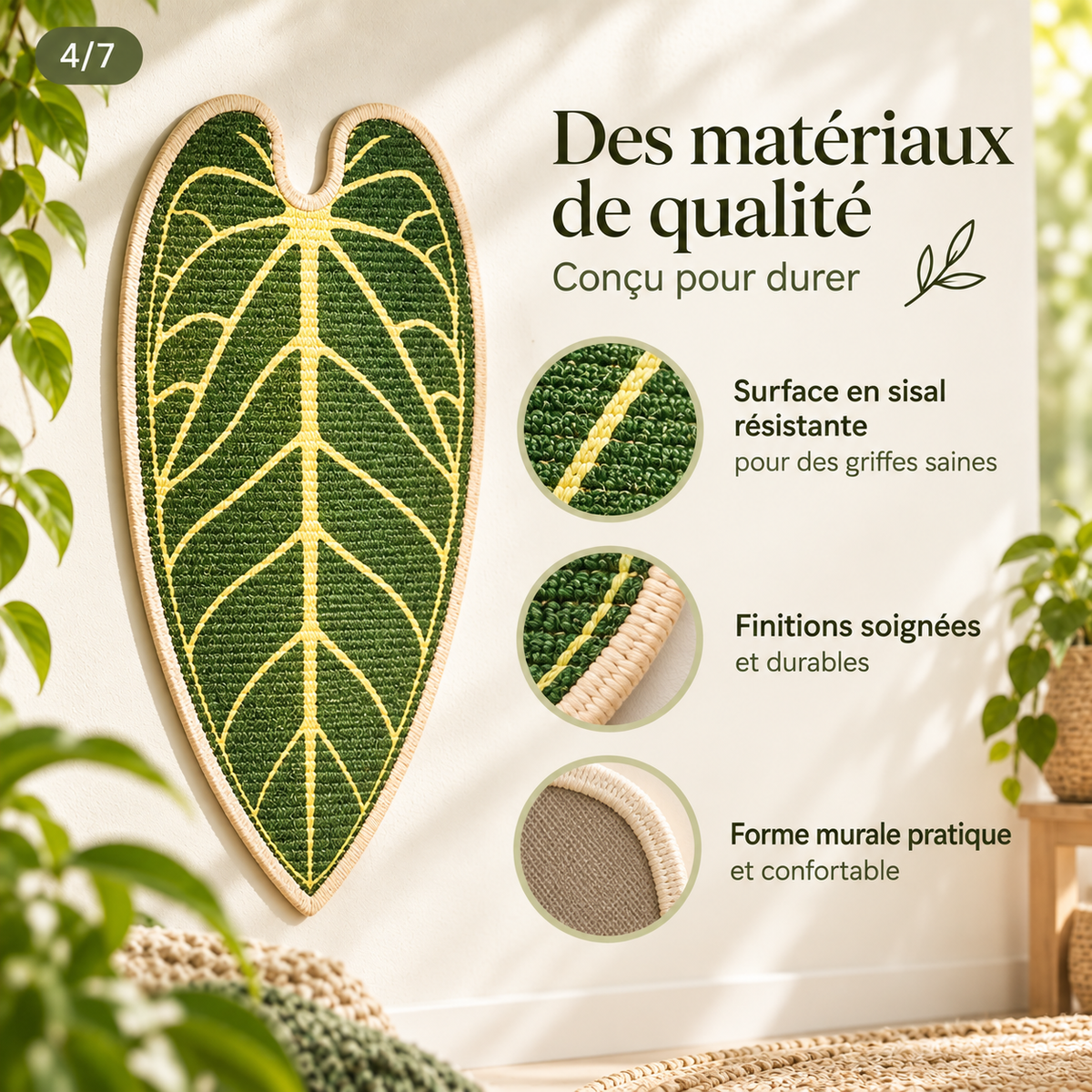 Griffoir mural pour chat en jute en forme de feuille