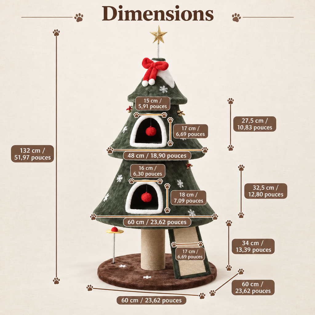 Arbre à chat de Noël en forme de sapin avec deux niches