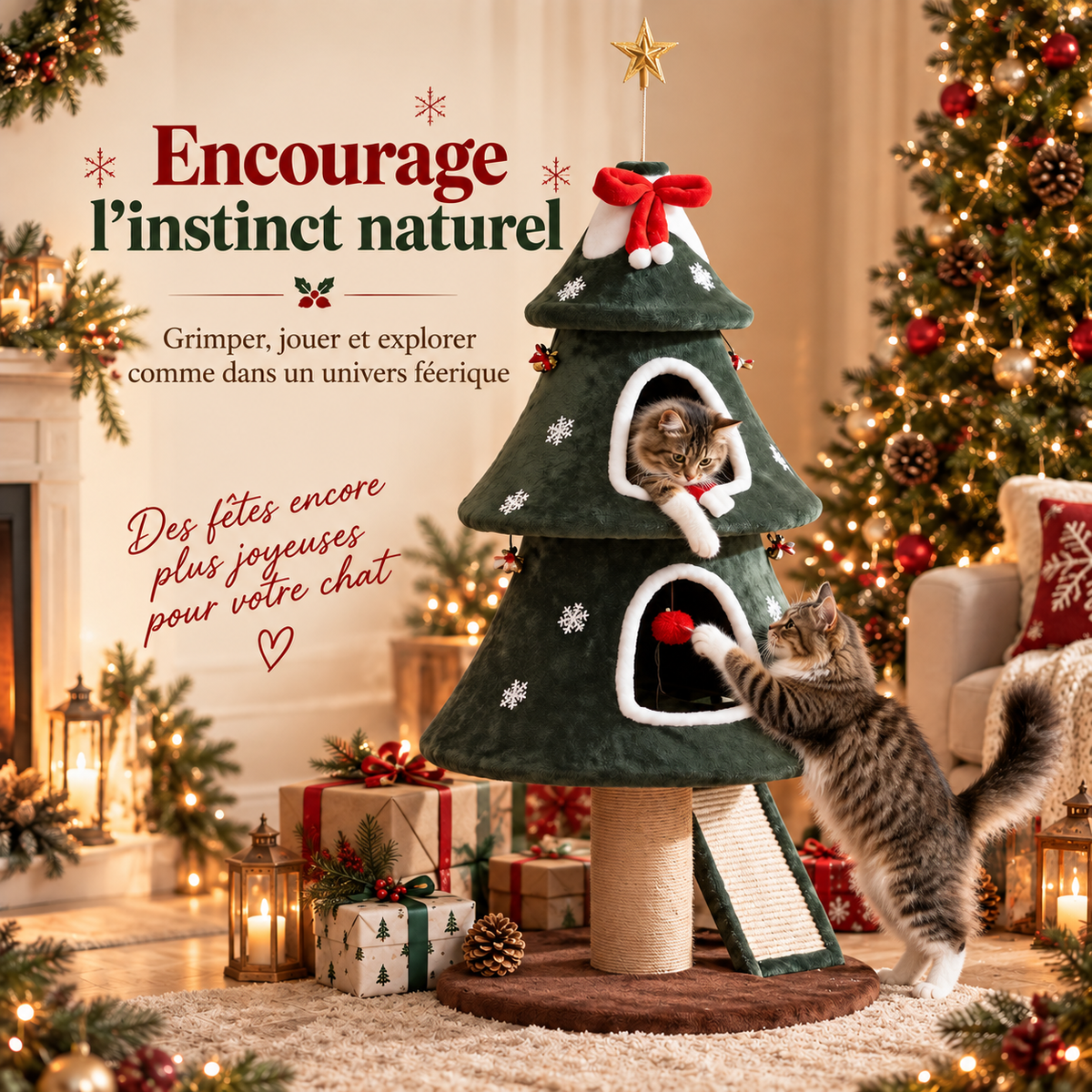 Arbre à chat de Noël en forme de sapin avec deux niches