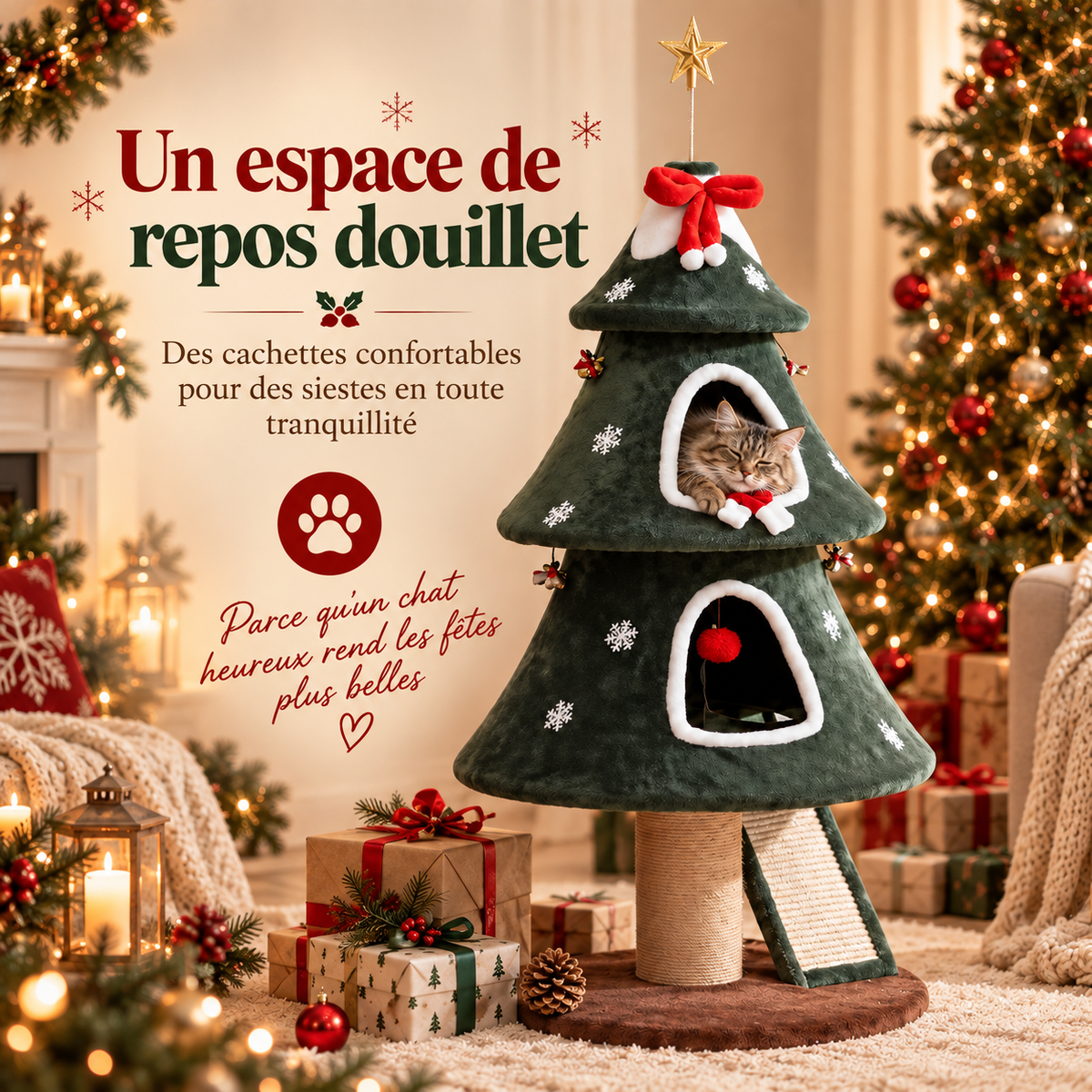 Arbre à chat de Noël en forme de sapin avec deux niches