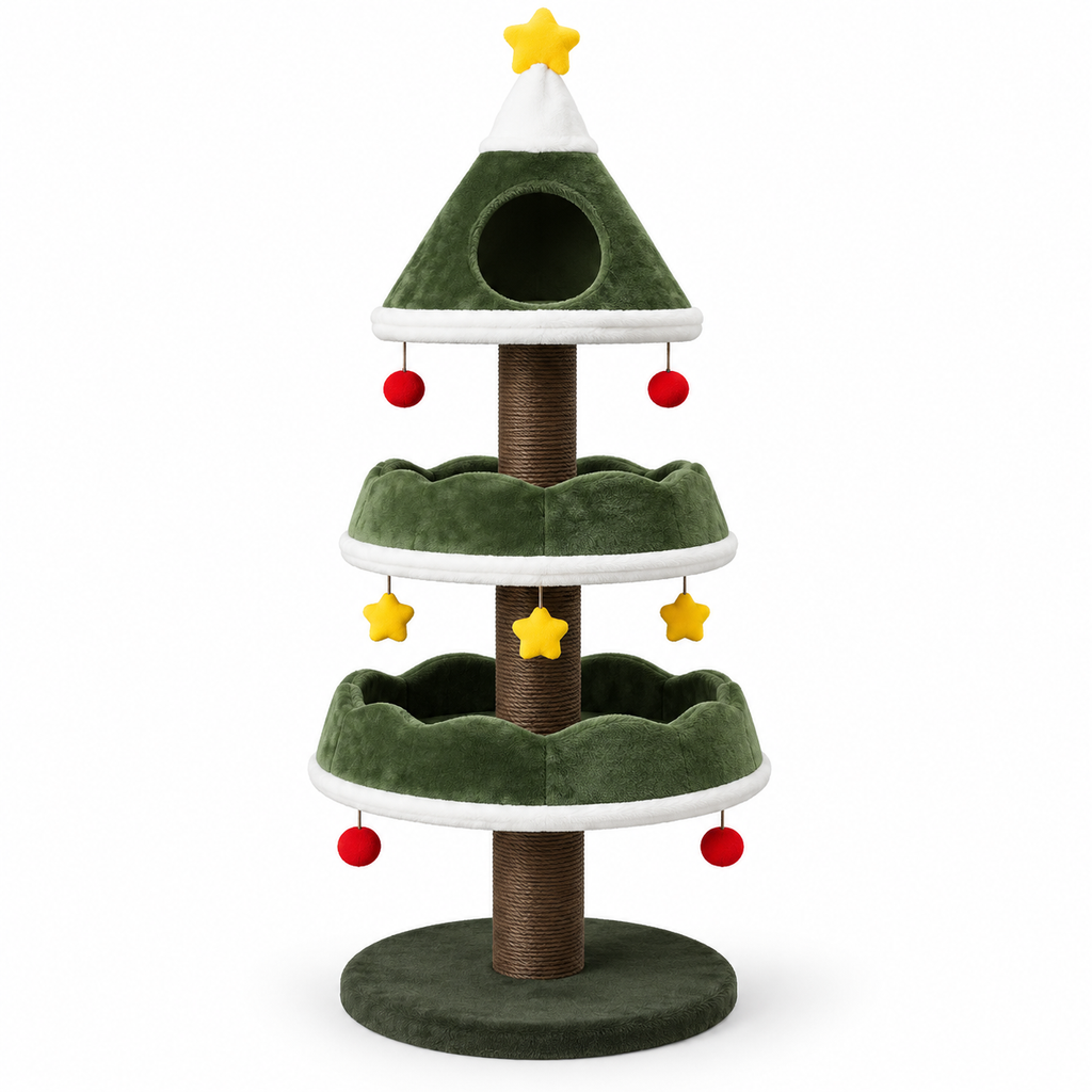 Arbre à chat de Noël en forme de sapin avec niche