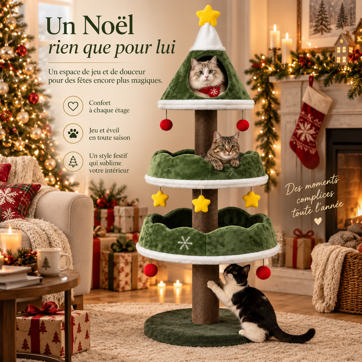 Arbre à chat de Noël en forme de sapin avec niche