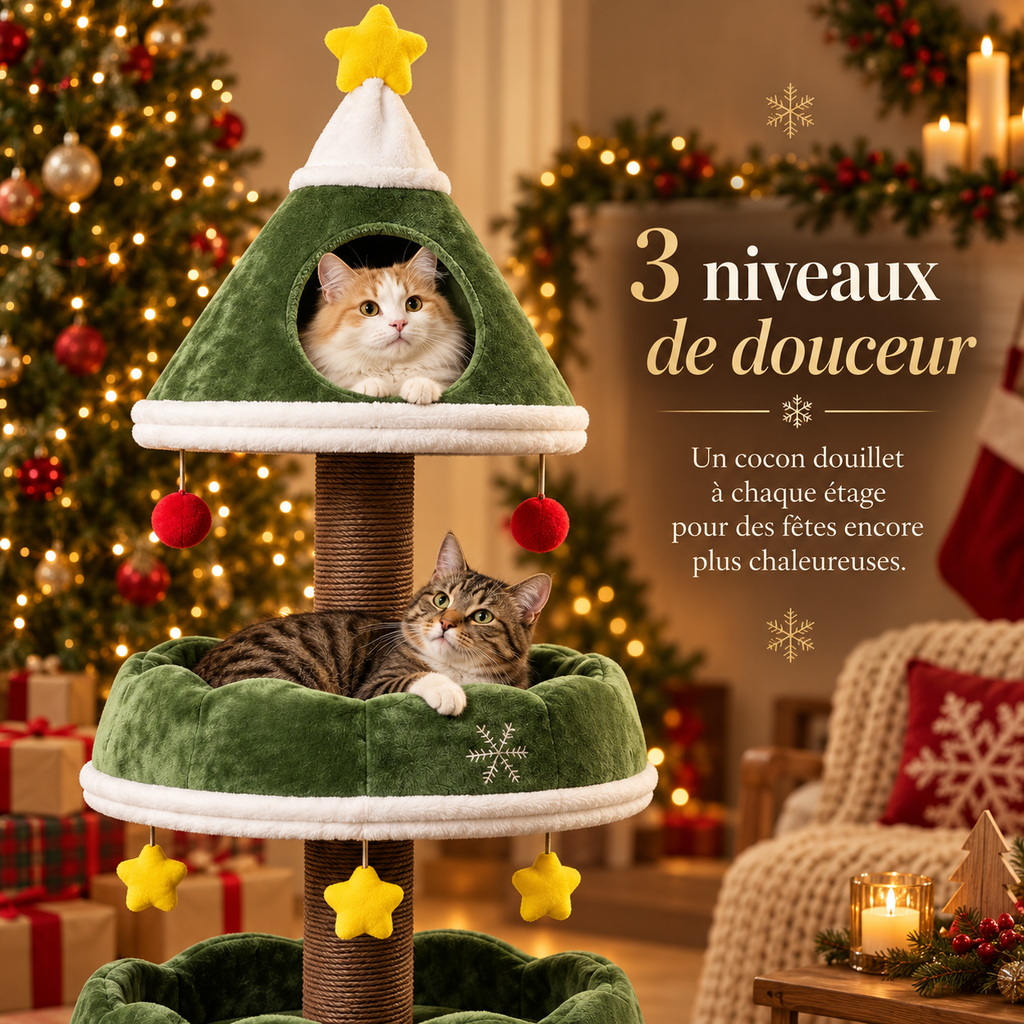 Arbre à chat de Noël en forme de sapin avec niche