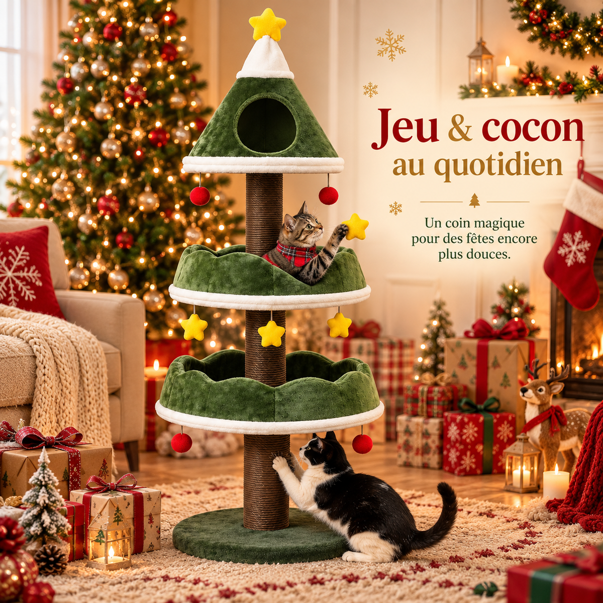 Arbre à chat de Noël en forme de sapin avec niche
