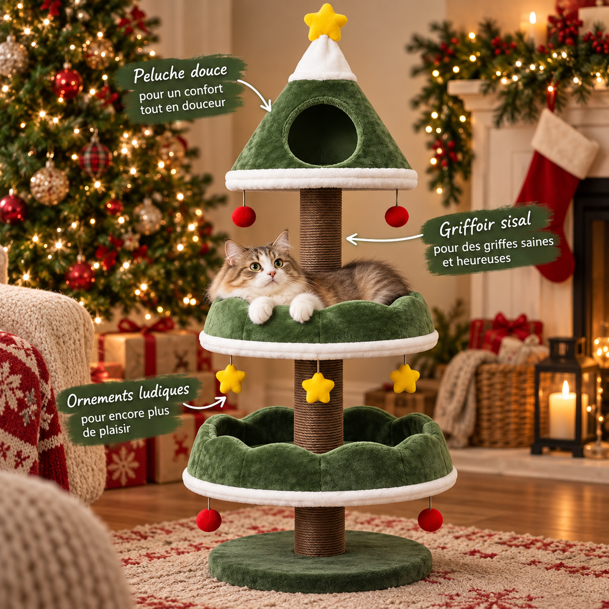 Arbre à chat de Noël en forme de sapin avec niche