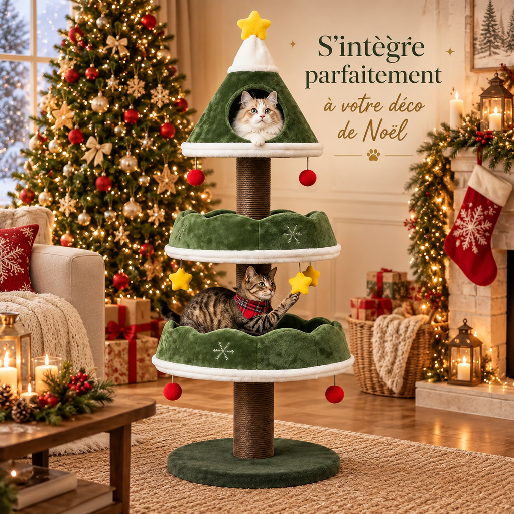 Arbre à chat de Noël en forme de sapin avec niche