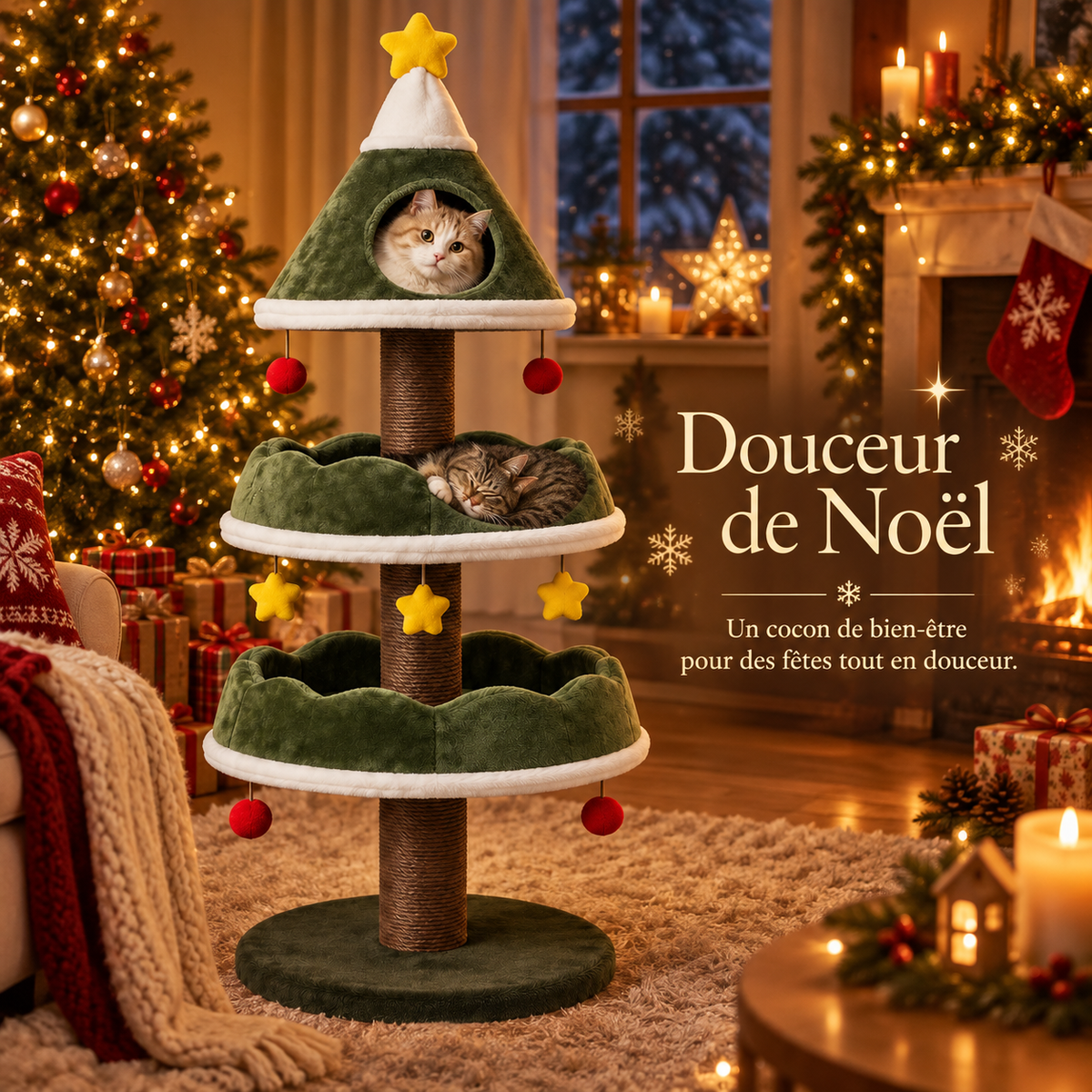 Arbre à chat de Noël en forme de sapin avec niche