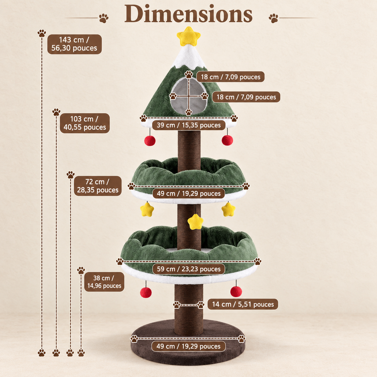 Arbre à chat de Noël en forme de sapin avec niche