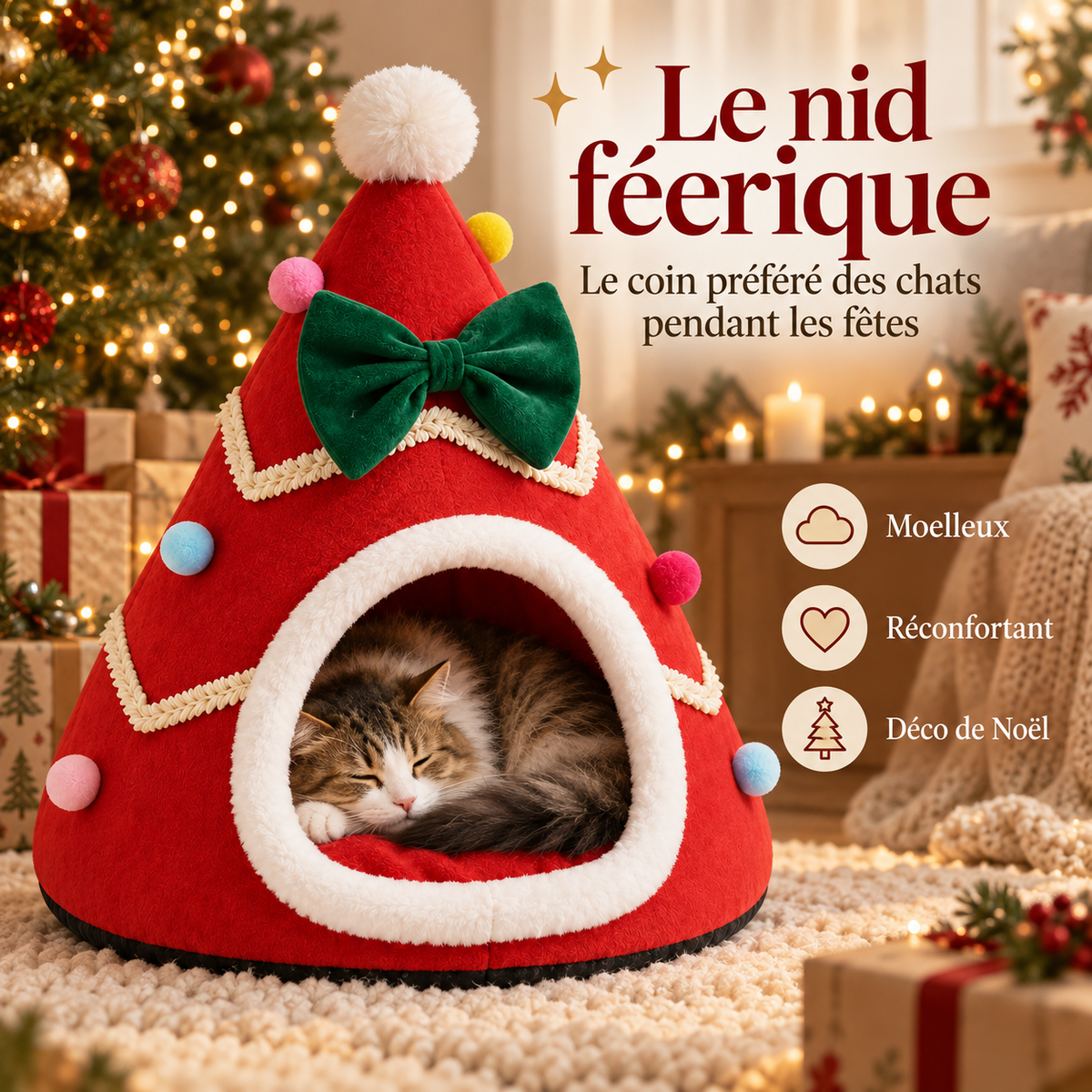 Lit pour chat de Noël en forme de sapin
